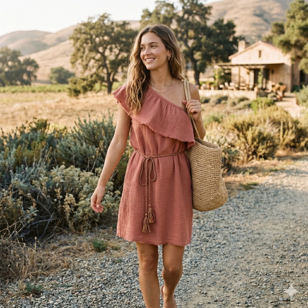 XÍRENA Cotton Gauze One Shoulder Dress Terracotta Clay Ruffle Tassel Belt Medium